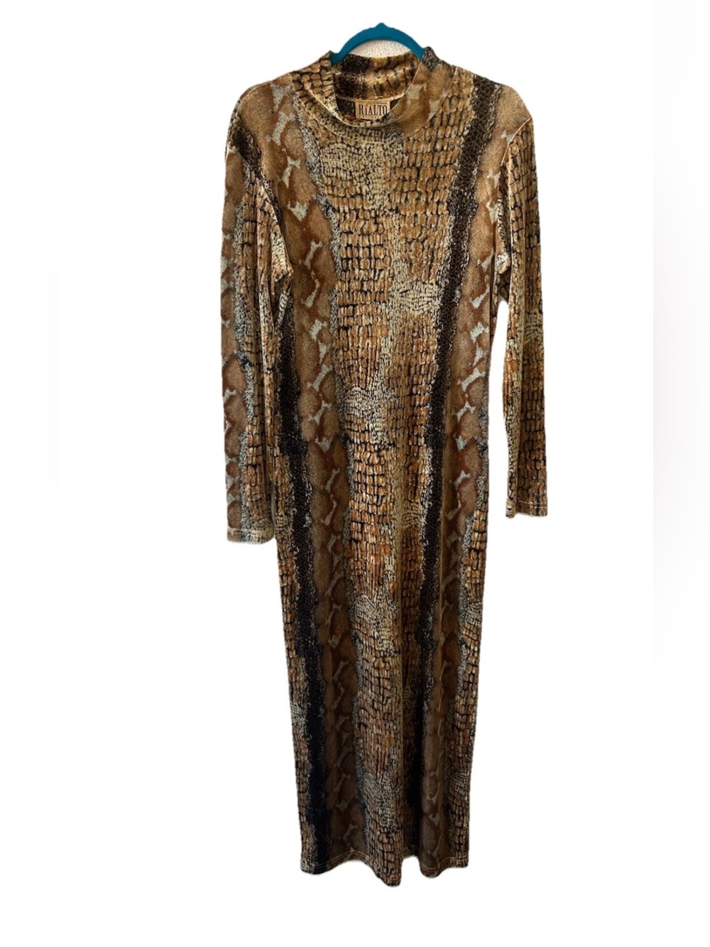 Vintage Velvet Snake Print Long Sleeve Maxi Dress Mock Neck USA M Y2K Rialto